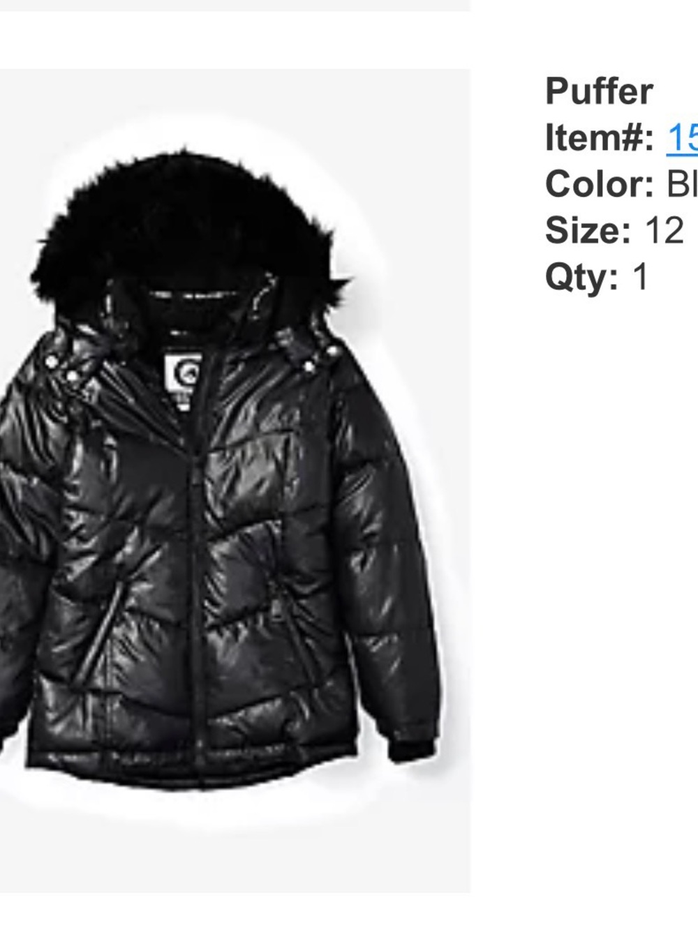 NWT-Justice Black Girls' Puffer Jacket with Faux Fur Hood